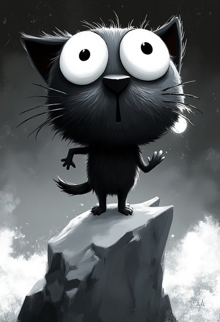 A whimsical illustration of a lanky cat with a disproportionately huge polygonal head in pure black and white, balanced impossibly on a geometric shattered fragment of moon, digital painting with high contrast brushwork showing angular whiskers and prismatic fur patterns, misty night sky background with mathematical star patterns forming constellations, characteristic Tim Burton inspired design with massive white eyes that seem to glow against the black polygonal face, creating a striking monochromatic dreamscape where shadows and highlights tell the story without any need for color