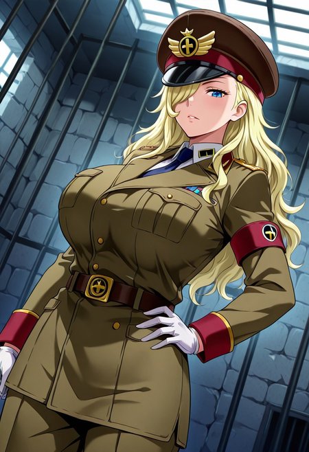 general,highres, ultra-detailed,very aesthetic,best quality ,best hands,best eyes,easynegative,
dynamic anglre, dutch angle, anime cloring,
1girl solo,looking at viewer,prison,indoors, hand on hip,
Domino,blonde_hair, long_hair, wavy hair, hair over one eye, blue_eyes, huge_breasts,military uniform, hat,