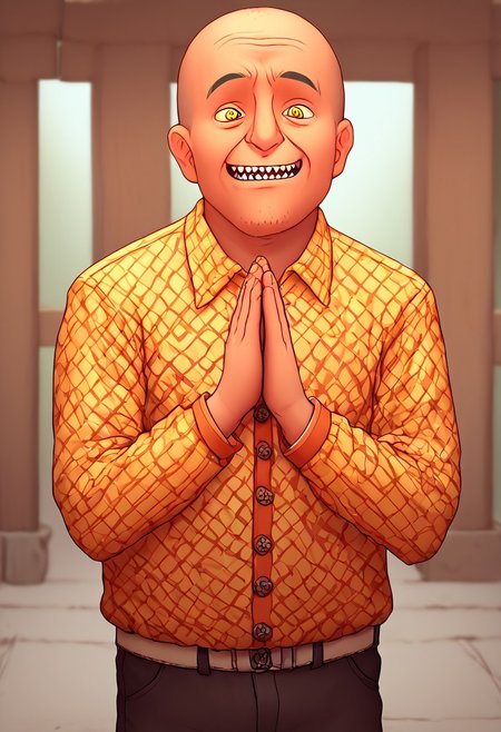 (score_9, score_8_up, score_7_up). (line work, excellent drawing, highest quality, extremely detailed:1.2). ((solo)), male_focus, 1man, old man, very fat, long sleeves shirt, pants, pale skin, happy face, big head, sharp teeth, short, fat, buzz cut hair, criminal, cheap suit, big yellow eyes, weird eyes, bug-eyed, hands up together to pray, shrine pray, praying, shrine praying, ((shrunken head)), depth of field, white background,