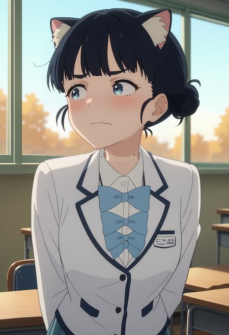 score_9, score_8_up, score_7_up, anime screencap, source_anime, 1girl, solo,
<lora:Tiara_Basori_Makeine_V1:.85>,  KJOtiara, black hair, blue eyes, single hair bun, blunt bangs, mole on neck,
school uniform, long sleeves, white jacket, bowties, cat ears, 
embarrassed, looking to the side, arms behind back, leaning forward, wavy mouth, blush, 
classroom, sunset, indoors, window,
(Beautiful, medium Breasts:1.2),