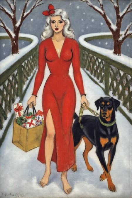henrimatisse1 painting. 
A woman with long, wavy white hair is wearing a red dress with a high slit and a red bow in her hair. She is walking in the snow on a bridge, holding a shopping bag filled with wrapped presents in one hand and a leash attached to a dobermann dog in the other.  <lora:henrimatisse1_f16e11:1.0><lora:870965462836505810:0>