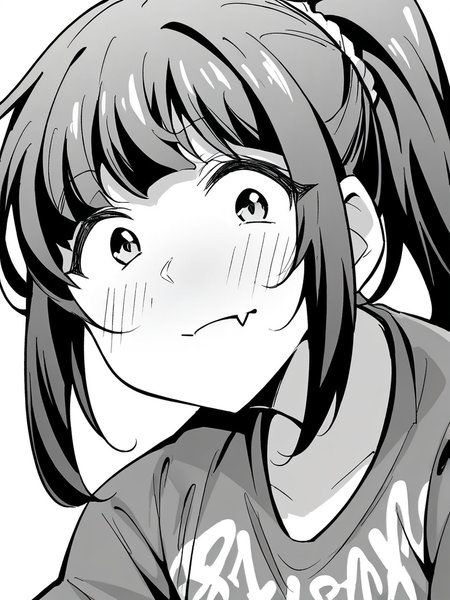 score_9, score_8_up, score_7_up,  
1girl, monochrome, black hair, ponytail, face, close-up, white background, t-shirt,


looking at viewer, wide-eyed, closed mouth, fang, blush,