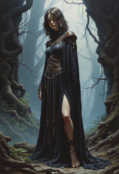 An atmospheric and powerful dark fantasy, impressionist classical-style painting of a woman in an intricate robe,with leather and a high side slit. Showing legs. She is standing barefeet in a dark foggy forrest.