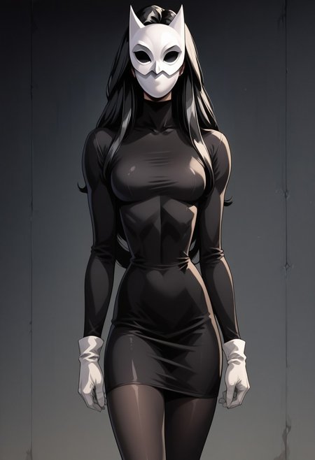 (fr0nt1nn0c3ntStyl3), (Style: Front Innocent), score, score_9, score_8_up, score_7_up, score_6_up, _5_up, score_4_up, source_anime, (masterpiece), high quality, 4k, Artist style: Bruce Timm, DCAU, DC comics, Western Comics, masked_woman, m4skedw0m4n, BREAK, 1woman, Calendar_Girl, (Page Monroe), long hair, black hair, skintight clothing, long-sleeved dress, black dress, black tights, petite, (white mask), (mask:1.6), (monochromatic outfit), gloves, (black eyes:1.5), (no eyes:1.4)