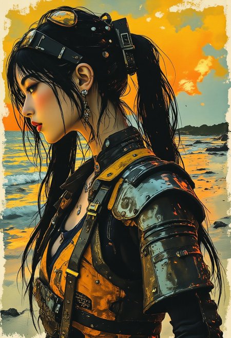 midjourney_whisper_avant_couture, inksketch portrait of stunning oriental warrior princess wearing plated armour, leather headband, abstract background suggesting a beach at sunset, long hair, sidelocks, bangs, hair ribbon,  earrings, necklace, choker, embroidered dress, direct gaze, light hitting one side of face, gradient colour background, Japanese kanji