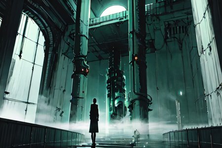 highly insanely detailed, masterpiece, top quality, best quality, highres, 4k, 8k, RAW photo, (very aesthetic, beautiful and aesthetic),  
tsutomu nihei,nihei_tsutomu,blame!,blame gakuen!,abara,TNstyle,sidonia_no_kishi,(hangar,tunnel,tower,stairs,lab,mausoleum,deep horizon,sidonia \(ship\)),tentacles,walkway,steam,mist,fog,foggy, 
<lora:blameLora_v10:0.6>, 
(1girl:1.3), 
solo focus, 
mint green background,violet background,gold background,(dripping colors background),âââ