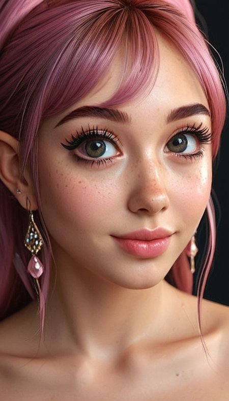 (Cel-shading:1.8), (in ARTIST style:1.7), (masterpiece:1.7), tsundere, cartoon style, comics style, fantasy theme, from side,
(masterpiece), (best quality), (ultra-detailed)
(Medium shot:2) gorgeous elf girl face, cute, beautiful, gorgeous, smooth detailed skin, smiling:1.1, (both hands on cheeks:1.1), showing emotions, perfect body, solo, long hair, (very long eyelashes:2),perfect pink hair, streaked pink  hair, , bangs, freckles, striking large eyes, aligned eyes, mirror eyes, witch costume, , , indoor witch hut, gorgeous,fantasy theme,
eyeliner, trendy portrait, bare shoulders, tender Aesthetic nose, perfect lips, gorgeous lips, puffy lips, sensual lips, cinematic,
(masterpiece), (best quality), (incredibly detailed:1.4) (beautiful detailed face, beautiful detailed eyes), (ultra-detailed), very aesthetic, illustration, perfect composition, intricate details, absurdres, detailed skin, clean skin,  pure skin,
(masterpiece:1.8), (highest detailed:1.8), (angle:0.9), perfectly lighted, (contrast), (saturated), (((sharp focus))), (hyperdetailed:1.3), (intricate details:1.2), (Refined details:1.3), (best quality:1.5), highly detailed textures,
<lora:Apparatus_-_Traction_City_Walkers_Vehicles:0.6>,
<lora:add-detail-xl:1> (ultra sharp focus:1.8), (detailed skin:1.8), (best quality:1.8),
<lora:glowneon_xl_v1:0.6>
<lora:Someplastic_b:1>