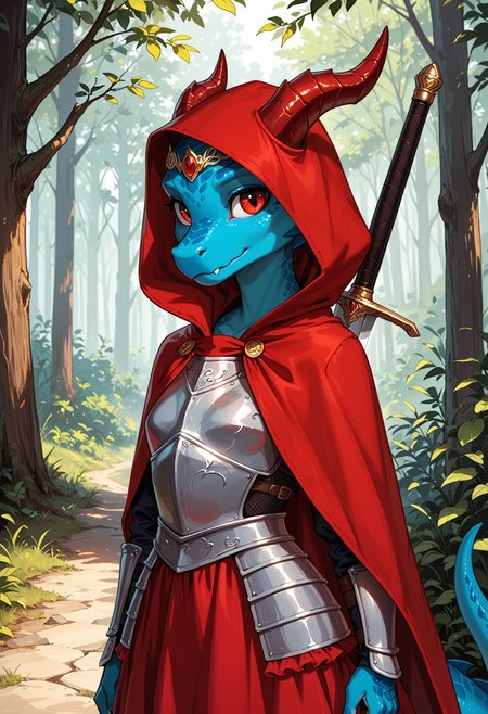 score_9, score_8_up, score_7_up,
source_furry, high quality, perfection, detailed, aesthetic, well-lighted,
detailed background, concept art, realistic, forest, path, shadows,
1girl, solo, upper body,
scalie female, anthro, scalled body, beautiful girl, cute girl, adult, youthful, beautiful face, beautiful eyes, perfect eyes, detailed eyes,
kobold girl, blue scales, blue skin, small breasts, petite girl, red eyes, horns,
(knight armor:1.2), red rims, red fabric, long red frilly skirt, jeweled circlet,  coat, tunic, red hooded cloak, fur-trim,
sword behind back, oversized sword,
standing, looking to side
<lora:princess_xl_v2:0.6>, <lora:p_ami_v10_adafactor:0.4>, <lora:incase-ilff-v3-4:0.5>, <lora:CleanDetailed_Eyes:0.25>,âââ