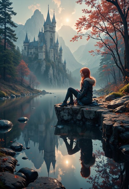 A lone female figure with vibrante auburn hair, draped in furs and dark fabric, sitting on a precipice overlooking a tenebrous, reflective water surface, legs dangling off the edge. Looking out at the mountinous landscape, a lone castle in the distance with a parrilous trail leading up to it. Their form is mirrored below in the water. dreamwave, aidmaGlow   <lora:FLUX - Booster for Glow Lightning Reflection Illumination ( aidmaGlow ):0.8> <lora:FLUX - Dreamwave Abstract Style ( dreamwave ):0.6>