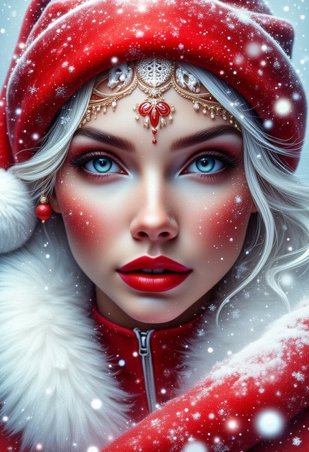 Contrail, mosaic, Fantasy realism, Storybook Illustration, double exposure, delicate detailed inspired by [Artgerm, Brian M  Viveros, Esao Andrews], red | white stripes, sharp focus, triadic colors, gorgeous girl, red lips, snow suit, red santa hat, snowflakes , dynamic pose, luminism, magic light rings, bioluminescence, 32k