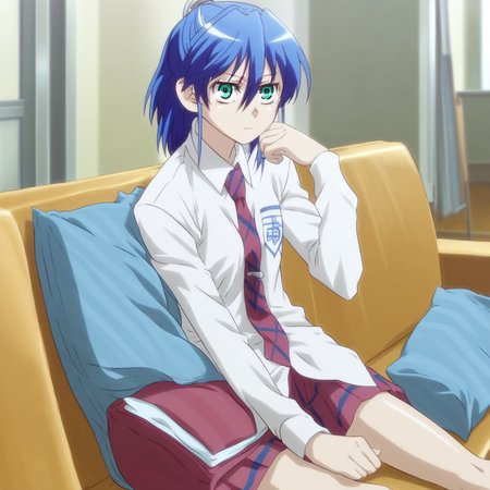 score_9, solo, aizawa_nagisa, blue hair, green eyes, necktie, school uniform, sitting, sofa, indoors