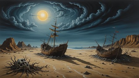 Salvador Dali inspired surrealist painting, melting clocks, sandy desert, hot sun, barren landscape, Skeletal shipwreck, ghostly apparition, crashing waves, stormy sky, night time, moonlit, contrasting colors, vivid, detailed, oil painting, high contrast, dramatic, intricate, surreal, dreamlike, mysterious, artistic, thought-provoking <lora:add-detail-xl:1>, (Masterpiece:1.3) (best quality:1.2) (high quality:1.1)