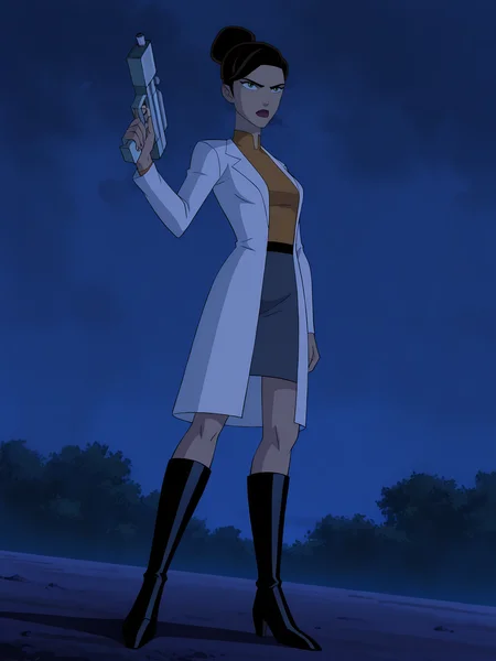 <lora:Rebecca_Holiday:0.8>, rebecca_holiday, 1girl, solo, green eyes, brown hair, hair bun, red lips, lab coat, shirt tucked in, black belt, pencil skirt, knee boots, serious, determined, closed mouth, looking afar, standing, arm at side, hand up, holding weapon, full body, outdoors, night, ground