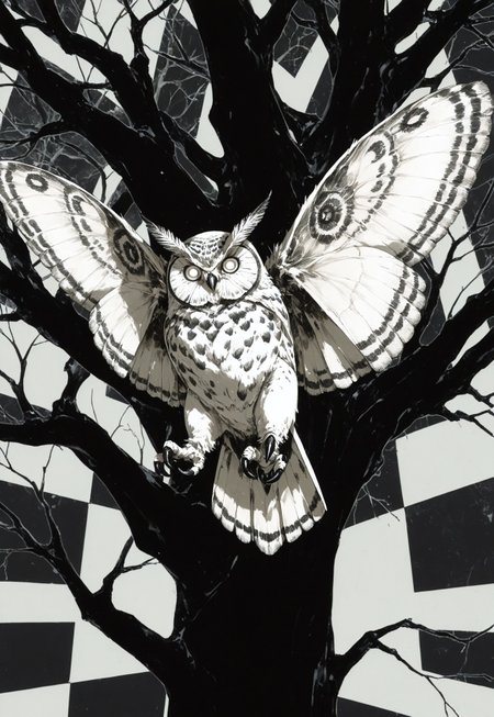 artist:shuini xiaomao,artist:nightcrow, murayama ryota, owl, talons, wings,, no humans, white eyes, moth over eye, motion lines, ((depth)), (checkerboard background:1.2), (((blending))), bare tree, animal focus, looking at viewer, abstract composition, high contrast,