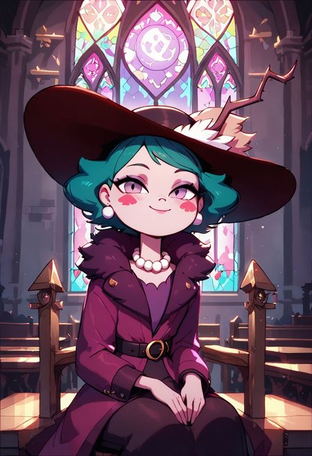 score_9, score_8_up, score_8, Eclipsa Butterfly, green hair, short hair, purple eyes, red spade blush stickers, dark red sun hat with feathers and branch, purple coat with fur collar, pearl necklace, black belt with moon decoration
upper body, closed mouth, in cathedral, sitting in church chair, smile, looking at viewer, colorful clerestory windows,