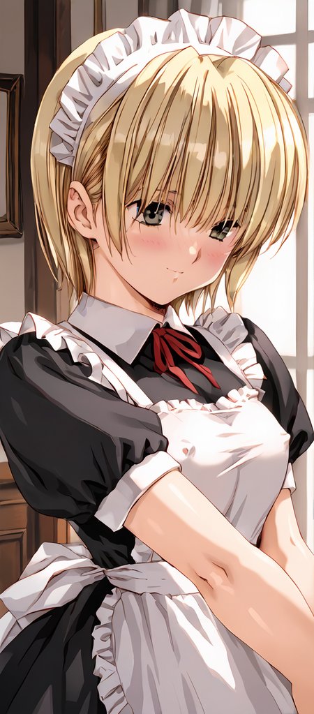 1girl, masterpiece, highres, high quality, source_anime,
score_9, score_8_up, score_7_up, score_6_up,
(mature female),
BREAK
indoors, seductive smile, smile, ((blush:1.5))
(covered nipples),
BREAK
nishino tsukasa,blonde hair,green eyes,short hair,
maid,white apron,maid headdress,red neck ribbon,black dress,frills,short sleeves<lora:Urushihara Satoshi_XL_PONY_V2:0.9>,<lora:Nishino_Tsukasa_v2:0.8>