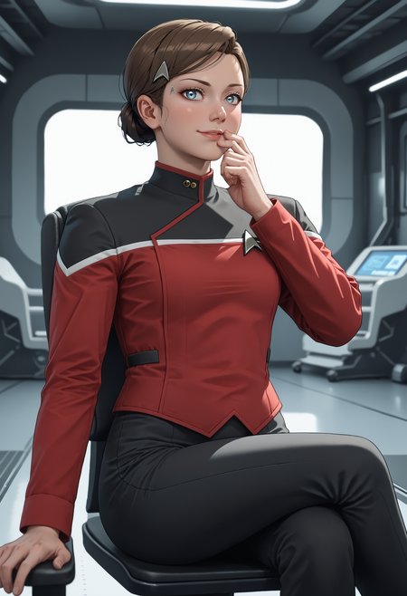 score_9, score_8_up, score_7_up, source_anime, light smile, thinking, dynamic pose, dynamic angle, glancing at viewer, sitting, hand on own chin, leg up, crossed legs, on swivel chair, 
BREAK
<lora:KaraDBH:0.85> 1girl, short hair, brown hair, hair bun, single hair bun, blue eyes, lips, small breasts, (slim hips:1.1), (skinny:1.2), slender, athletic, vulcan ears,
BREAK
<lora:STTLPony:1> sttldunf  star trek black and red uniform, black pants, (red top:1.1), 
BREAK
<lora:zy_Detailed_Backgrounds_v1:1>, indoors,  hangar, polished floor, science fiction, spacecraft interior, chair, 
BREAK
volumetric lighting, depth of field, cinematic, vibrant, shadows, detailed, high contrast,âââ <lora:vivid_everclear:0.3>,âââ