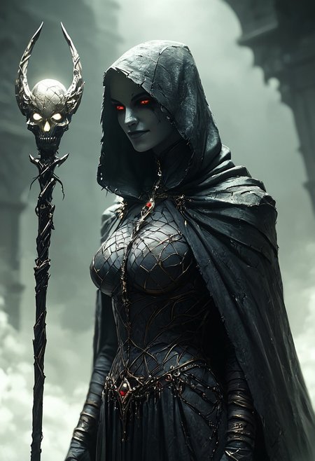 score_9, score_8_up, score_7_up, 1girl, grey skin, long black roots green dreadlocks hair, green hair, hood up, fishnet clothes, necromancer, curious looking, sardonic smile, hourglass body, large breasts, black iron scepter, holding a glowing skull, cemetery crypts background, dark theme, medium full shot, hkevil, embedding:easynegative:1.1, perfecteyes, Expressiveh, Hand, detailed, perfect, perfection, hands
