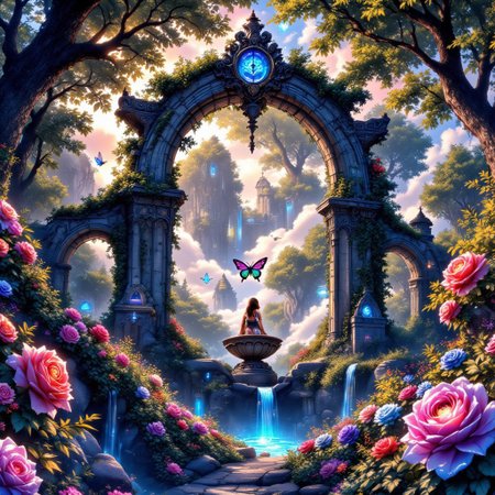 An enchanted butterfly rose garden at twilight, filled with bioluminescent flora and glowing roses with iridescent petals that shift between soft pastel hues. Vines with luminescent tendrils weave through an ancient stone archway, pulsing with faint ethereal light. Crystal-winged butterflies, their translucent wings reflecting delicate rainbow hues, flutter gracefully in the warm golden-hour glow. Fireflies drift lazily through the air, their soft flickering light illuminating the mist that swirls gently around an intricately carved stone fountain. In the distance, a hidden pathway winds through the overgrown foliage, leading deeper into the dreamlike sanctuary. The atmosphere is serene yet magical, with painterly soft brush strokes enhancing the scene's otherworldly beauty. The natural elements are detailed and organic, with richly textured ivy, delicate flower petals, and the ancient stonework appearing intricately weathered. Soft, diffused nature lighting bathes the garden, casting gentle shadows and highlights across the landscape. The air is filled with a faint, otherworldly shimmer, as if the very essence of the garden hums with unseen energy. Fantasy, dreamlike, painterly, magical realism, ethereal glow, intricate details, soft textures, nature-inspired beauty.