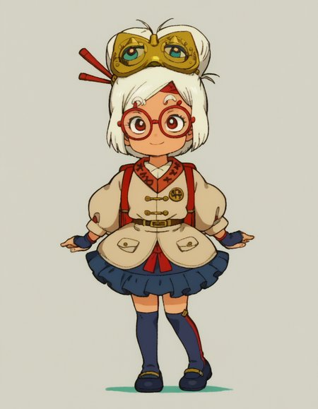 zPDXL, score_9, score_8_up, score_7_up, source_anime, 1girl, solo,
 <lora:LilPurah_v1.2:0.6> purah, sheikah, white hair, dark-skinned female, child, thick eyebrows, red eyes, red-framed eyewear, hair bun, goggles on head, beige jacket, blue skirt, frilled skirt, blue socks, kneehighs, blue footwear, mary janes, red headband, goggles on head, hair stick, hair beads, randoseru, red bag, bag straps, blue and white striped strap, fingerless gloves, blue gloves, petticoat, light smile, <lora:EarlyAkira_v3:1> drgbls1