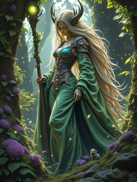 masterwork oil painting inspired by tim hildebrandt and alphonse mucha and evelyn de morgan, blending fantasy with art nouveau and symbolism, with a dreamlike and enigmatic atmosphere, portrait of a hauntingly beautiful dryad in the heart of an enchanted forest, ethereal woods stretch endlessly, with tangled trees and faintly glowing flora, the painting conveys a sense of mystery and quiet power, the dryad stands gracefully, her features are striking and otherworldly, her skin has subtle bark-like textures with delicate veins of glowing green and purple, she wears an ethereal gown woven from moss, leaves, and petals, her arms adorned with intricate vines and delicate floral motifs, the forest floor is rich with moss, fallen leaves, and faintly luminescent flowers, while in the background, the hazy woods fade into a soft blur, with shafts of light filtering through the mist, creating a sense of depth and otherworldly allure, the dryad exudes an aura of mystical elegance, as both guardian and embodiment of the forest, she seems to emerge from the trees themselves, blending seamlessly into her surroundings, her gaze is serene yet captivating, her luminous eyes reflecting the wisdom and mystery of nature, her hair cascades like flowing vines, interwoven with glowing blossoms, her pose is poised yet organic, her hands lightly cradling an intricately shaped branch-like staff with a glowing orb of light, her entire form glows faintly, as though she is imbued with the forest's life force, soft, diffused lighting filters through the mist and branches, casting gentle highlights on the dryad's figure and accentuating the intricate details of her natural attire, the forest glows faintly with muted greens, blues, and silvers, with glowing accents emanating from the dryad, delicate particles of light float in the air, adding a magical, dreamlike quality, painted with exquisite attention to detail, inspired by the flowing forms of art nouveau and the layered, symbolic compositions of pre-raphaelite works, the painting employs a harmonious color palette and cinematic composition to evoke a sense of mystery and transcendence, intricate details, perfect female hands, traditional media, oil on canvas, intricate details, magical atmosphere, arsmjstyle, dnddarkestfantasy, hknature, hkmagic, <lora:protectors_of_nature-flux-by_hailoknight:0.56> <lora:style-wizards_and_witches-flux-by_hailoknight:0.72> <lora:epic_gorgeous_details-character-flux-by_flyway:0.48> <lora:style-dnd_dark_fantasy-flux-by_arsmachina:0.52>
