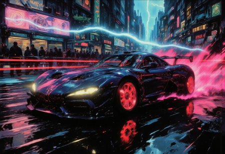 A sleek advanced cyberpunk sports car races through the rain-soaked streets of a neon-lit megacity, its angular body glowing with streaks of neon pink and electric blue. The car's aerodynamic design is enhanced by pulsating energy conduits running along its chassis, with glowing wheels that leave behind faint, burning trails of light. The bright neon headlights cut through the thick fog, illuminating the chaotic streets lined with holographic billboards and flickering neon signs. In the background, towering skyscrapers and hovering drones loom over the scene, casting sharp reflections on the car's glossy surface. The cockpit, visible through a dark, polarized canopy, is filled with an  array of glowing controls and holographic displays. Lightning flashes in the distant sky, illuminating the sharp angles of the cityscape, while light particles and sparks dance in the air. The roar of the engine echoes through the urban canyon, a mechanical growl that speaks of raw power and defiance in a cruel dystopian world.best quality,perfect shading,great lighting,dynamic composition,highres,high dynamic,motion lines,dutch angle,cinematic