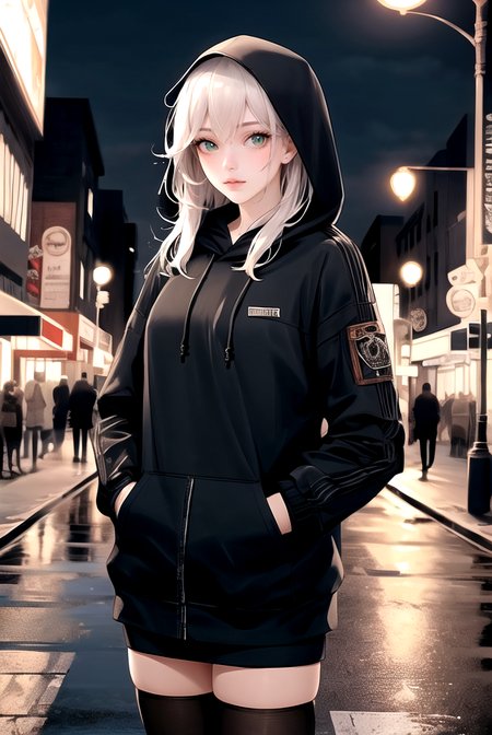 (masterpiece, best quality, high quality, highres, ultra-detailed), 
solo, green eyes, hood, long hair, street lights, looking at viewer, outdoors, hood down, building, sign, night, hands in pockets, city, thighhighs, white hair, bangs, scenery, long sleeves, skyscraper, jacket, pantyhose, cityscape, black thighhighs, 
<lyco:NijiJourney-LyCoris-V6:0.8>, AS-Adult, Asian-Less, OverallDetail, SkinHairDetail,