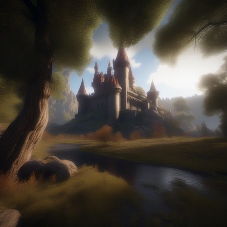 An aspect ratio, 21:9 aspect ratio, masterpiece Breathtaking 8k Unreal Engine, a castle nestled in fields and woods that looks like a (intricate detail, hyper detail, gothic vampire lair: 1. 5), with a small river flowing near the castle, (sharp focus), HDR, global lighting,  volumetric lighting, day lighting, cinematic lighting High Definition, Best Quality, (Natural Textures, Surrealism, Sharp: 1.2), (Sharp Focus: 1.2), Volumetric Fog, Caustics <lora:Dark Fantasy:1> maxfield parrish lighting