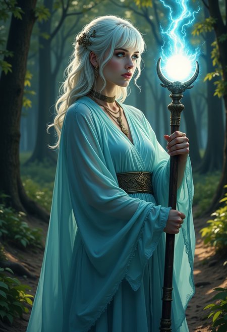 lifelike anime illustration, a female mage holding a magical staff with a glowing orb, pulsing with electrical energy, white hair, bangs, earrings, necklaces, choker, wearing gauzy, filmy light blue robes with runes embroidered on, in a forest glade at dawn, god rays, directional lighting, viewed from the side