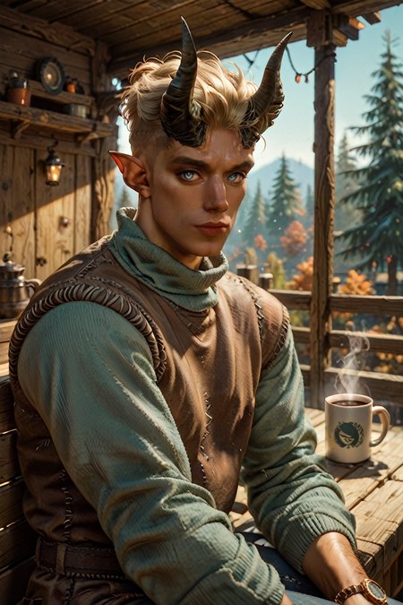 score_9, score_8_up, score_7_up, score_6_up
<lora:BGDammon:1.0>
BGDammon, 1boy, undercut, blonde hair, blue eyes, demon horns, pointy ears, looking at viewer, at a rustic cabin in the woods, wearing a cozy sweater, sitting on the porch with a steaming mug of coffee, misty morning, pine trees surrounding, serene atmosphere