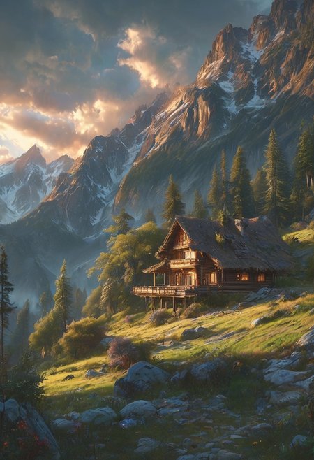 A captivating twilight scene illustration featuring a beautiful log chalet on a  great mountain.   This enchanting artwork captures a serene and peaceful early morning, where the sun is just starting to rise over the beautiful tree covered mountain range and log cabin chalet which   stands resolute amidst the great mountains, creating a cinematic experience., illustration, cinematic
<lora:DonM3t3rn1tyXL-v1.1:0.7>, DonM3t3rn1tyXL,
OverallDetailXL  <lora:MJ52:0.3>  <lora:SDXLFaeTastic2400:0.4>  <lora:EpicF4nta5yXL:0.7>