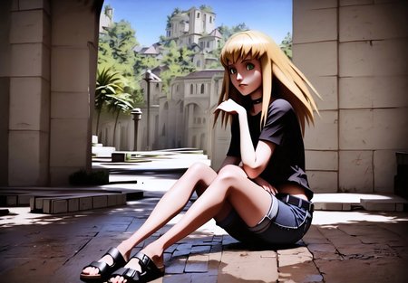 safe_pos, 1girl, solo female, Roll Caskett (mega man), <lora:roll_caskett:1>, blonde hair, green eyes, long pointy hair with pointed bangs, long side locks and center part hair, black choker, medium breasts, athletic petite female body, black and white baseball t-shirt with midriff, blue denim short-shorts with belt, barefoot in sandals, birkenstock, sandals, birksonfeet, sitting up with knees and legs together, feet together, arms folded on top of knees;

indoors, floor,

megaman legends anime style, 3D,

NegfeetV2, Perfect Hands, charturnerv2, Perfect feet,