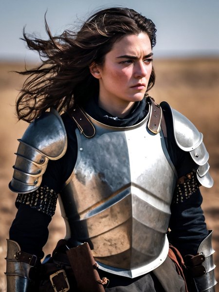 Cinematic fashion photograph  Amina_Massoud_P_MXAI_SDXL , wearing full plate armor, in a battlefield, windblown hair, smudges, dirt, windblown hair,