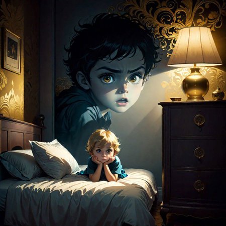 In a dark room, a child cowers in the corner of the bed, his eyes wide with fear. A huge shadow casts itself on the wall, moving in a strange and menacing way. The child tries to hide under the covers, but the fear is so great that he cannot move. The child is alone in the room, with only a table lamp on. The atmosphere is full of suspense and mystery, suggesting hidden dangers and ancient secrets. Intense fear of the unknown, Terror of something you cannot see, Digital Style, Digital illustration, Details golden lines, patterns, intricate motifs, moonlight background, 8K concept art, Lou Xaz