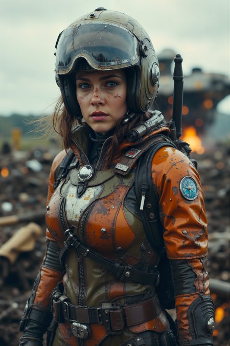 A hyper-realistic portrait, photorealistic photo close-up image of In a desolate battlefield strewn with the wreckage of towering mechs, a solitary pilot emerges from the wreck of her fallen machine, her face streaked with soot and grime. As she limps forward, the twisted metal around her begins to hum with a strange energy, rising into the air as if pulled by an invisible force. The pilotâs cracked visor reflects the glowing core of the battlefield, where the heart of an ancient AI lies dormant, slowly awakening. Her hand instinctively reaches for the knife at her belt, her eyes wide with the realization that this is no ordinary fightâitâs the resurgence of a forgotten war. The scene captures the gritty, mechanical beauty of a post-apocalyptic world, with an eerie sense of impending doom, drawing from the detailed mech designs of Ghost in the Shell and the dark, cyberpunk tone of William Gibsonâs work. (photography, high-resolution, dynamic, energetic,hyper-realistic, dramatic lighting, shallow depth of field.)<lora:aidmaMJ6.1-FLUX-V0.1:0.6><lora:Movie_Portrait><lora:Flux DetailerV2>