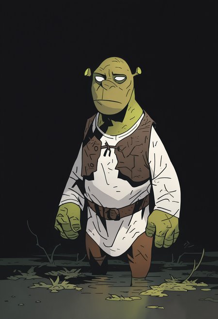1boy, solo, wetland, dark background, no pupils, 
masterpiece, best quality, <lora:Mike_Mignola-guy90-Illust-Lycorisv1:1> alomik
 <lora:Shrek_illusXL_Incrs_v1:0.7> shrek, bald, green skin, brown vest, white shirt, brown belt, pants