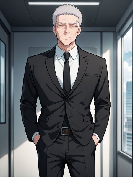 masterpiece,best quality,amazing quality,very aesthetic,absurdres,newest, huge filesize,
<lora:spo_sdxl_10ep_4k-data_lora_webui:0.5>,2d,anime,anime coloring, 
<lora:add-detail-xl:1>
<lora:Raise_wa_Tanin_ga_Ii:1>
Raise ,
1boy,male focus,formal, orange eyes, Wrinkled lips,
necktie,solo,forehead, aged up,65YO,narrowed eyes, 
suit,hands in pockets,
black necktie,
short hair,
grey hair,
shirt,looking at viewer
jacket,pants,belt,
black jacket,
white shirt,black suit,
black pants,r_gaku,