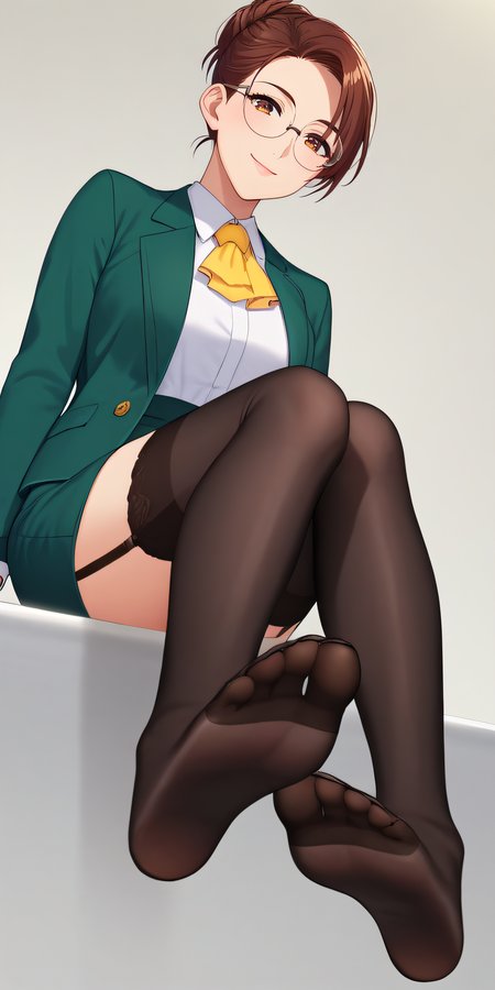 score_9, score_8_up, score_7_up, source_anime, rating_safe, intricate details, anime screencap, official style, solo, 1girl, <lora:Serizawa_Yoshiko:1>, yoshiko, brown hair, brown eyes, single hair bun, black-framed_eyewear, round glasses, collared shirt, large breasts, white shirt, yellow ascot, green blazer, green skirt, pencil skirt, black thighhighs, garter belt, open clothes, looking at viewer, smile, full body, sitting, feet, from below, soles