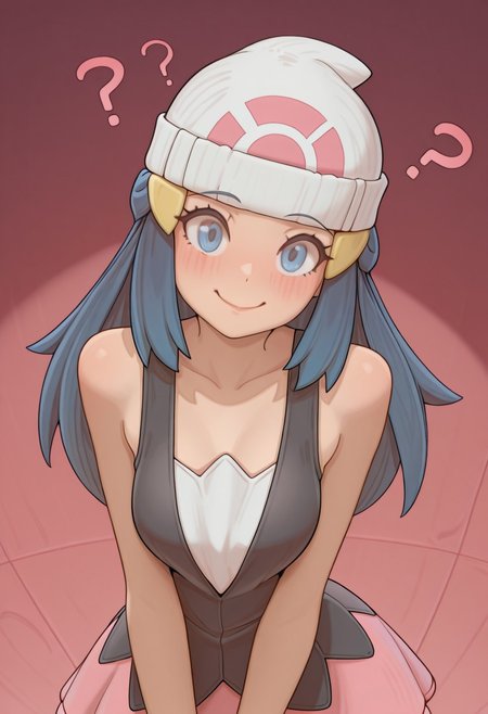 masterpiece, best quality, 
1girl, solo,
dawn \(pokemon\), blue hair, blue eyes, white beanie, dress,
looking at viewer, smile, confused, red cheeks, blush, BartoStyle