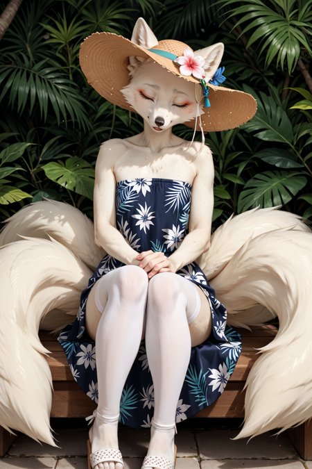 photography \(artwork\), hi_res, score_9, score_8_up, score_7_up, score_6_up, score_5_up, score_4_up, realistic ,BREAK,  <lora:Expressive_H:0.8> Expressiveh, <lora:Miki - JellyEnvy's Oc v2:0.7> Miki, anthro, female, arctic fox, (white fur, white body), flat chested, slim, eyes closed, kemono, thick thighs, wide hips, multi tails, thigh highs, Tropical Paradise: Tropical print dress, floppy hat, and wedge sandals, Sitting with legs crossed hands resting on knees