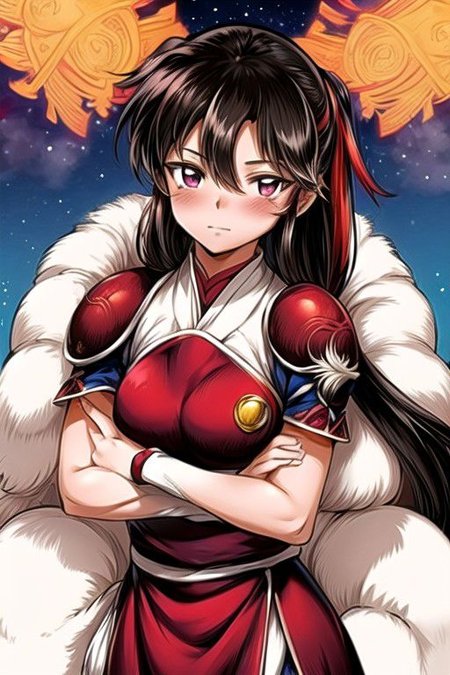 best quality 1girl Setsun4 solo long hair,  (night time) forest background black hair very long hair purple eyes multicolored hair armor, small, (fur trim) (medium body),<lora:EMS-179-EMS:0.800000>,<lora:EMS-293862-EMS:0.800000> bow, hair_bow, hair_tubes, red_bow, brown_hair, long_hair, bangs, ascot, frilled_bow, yellow_ascot, blush, smile, hair_between_eyes, athletic, armor, miko, ,(((intricate outfit,intricate clothes,embroidered outfit,ornate outfit,embroidered clothes,ornate clothes))), strengthmda, crossed arms,