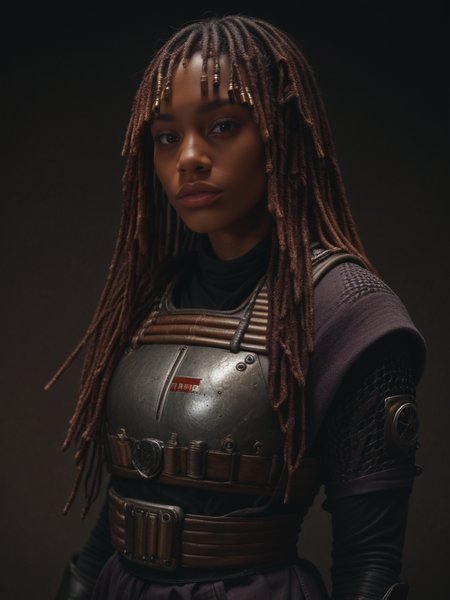 female, detailed face, dark background, solo, score_9, score_8_up, score_7_up, score_6_up, ninja, dark skin, lips, armor, science fiction, ammunition belt, red dreadlocks, long hair, bangs,  <lora:Mae-ho_Aniseya:1>, (dark atmosphere:2)