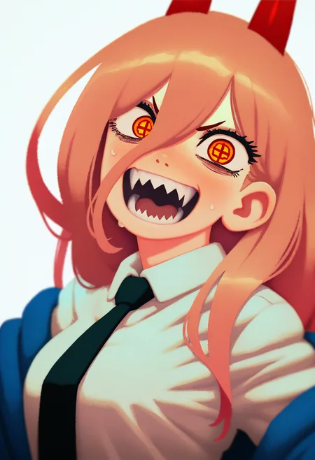 best quality, amazing quality, very aesthetic, absurdres, kunitarou-art,
BREAK
1girl, power \(chainsaw man\), pink hair, blonde hair, red horns, red eyes, cross-shaped pupils, long hair, sharp teeth, hair between eyes, symbol-shaped pupils,
collared shirt, black necktie, long sleeves,
looking at viewer, white shirt, open mouth,
simple background, white background, smile, upper body,  <lora:KunitaroNoobLocon_byKonan:1>