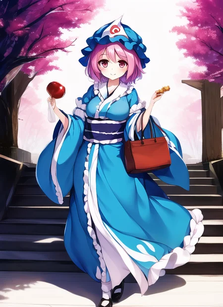 <lora:ke-ta-000030:1>, saigyouji yuyuko, touhou, ke-ta, 1girl, arm garter, bag, bangs, black footwear, blue dress, blue headwear, blue sash, breasts, bug, butterfly, candy apple, dress, food, full body, hand up, hat, holding, holding bag, holding food, ikayaki, insect, looking at viewer, mob cap, obi, parted lips, pink eyes, pink hair, sash, shoes, short hair, small breasts, smile, socks, solo, stairs, standing, triangular headpiece, white socks