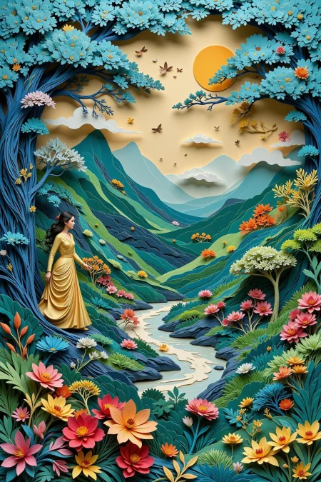 fantasy world beautiful  landscape, noon, woman, very intricate, very detailed, sharp, bright, colorful, <lora:Hand v2:0.5> <lora:Anti-Blur:1><lora:Insane Detail Slider:0.25>  <lora:flux.1_lora_flyway_Epic-detail_v2:0.3> <lora:fluxenhancer:0.25> <lora:PaperCutting-V1:0.4> three-dimensional paper cutting