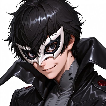 FutureFightStyle, ((semi realistic)), score_9, score_8_up, score_7_up, 8k, absurd res, masterpiece, best quality, masterpiece, best quality, eyes, black hair, hair between eyes, short hair, joker outfit, mask, white mask, shirt, grey shirt, coat, black coat, high collar, smile, upper body, headshot, white background, male, 1boy, solo, cartoon, anime,