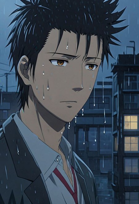 Highres, Masterpiece, High Quality, 4K, 8K, solo, 1Boy, Soujirou Agata, brown eyes, black hair, wet, slippery, heavy rain, dark, looking down, sad, heartless, wet hair, city night, easynegative, detailed_eye_model