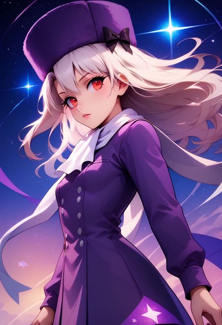 score_9, score_8_up, score_8, medium breasts, (curvy), cute, eyelashes,  rating_safe,
BREAK, 
zzIllya, red eyes, white hair, papakha, purple headwear, white scarf,
BREAK, 
dynamic angle, stars, floating, colorful, pink, blue eyes, black bow, from side, on back, spaceship, technological,
zPDXL,