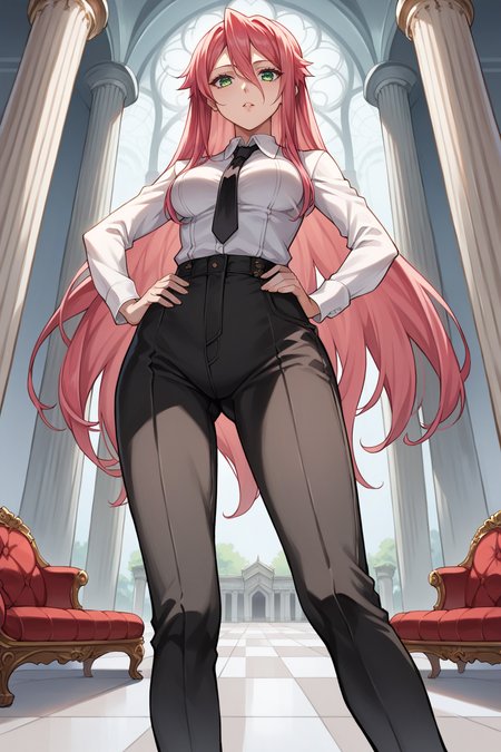score_9, score_8_up, score_7_up, 1girl, prefect lighting, very aesthetic, intricate details, highly detailed background, masterpiece, high quality, prefect hands, best quality, solo, source_anime,
<lora:Iris_Arcadia_Kuroinu_V1:.85>, KJOiris, pink hair, red hair, green eyes, hair between eyes, long hair, 
White collared shirt, black necktie, black pants, long sleeves,
standing, hand on own hip, from below, looking at viewer, 
mansion, pillars, tile floor, red couch,
(Beautiful, medium Breasts:1.2), natural breasts,