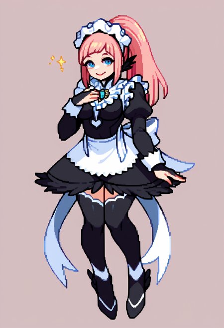 score_9, score_7_up, BREAK, solo, 1girl, smile, looking at viewer,  <lora:CPS2-pdxl_Fp:1>, simple background, full body, pixel art, <lora:felicia-fe-richy-v2_pdxl:0.8>, flcdf, blue eyes, pink hair, long hair, ponytail, maid headdress, black feathered collar, blue brooch, breasts, maid, juliet sleeves, maid apron, bridal gauntlets, black thighhighs,